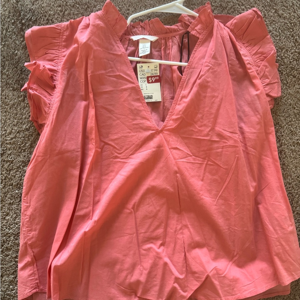 NWT H&M Coral Blouse with Ruffled Sleeves